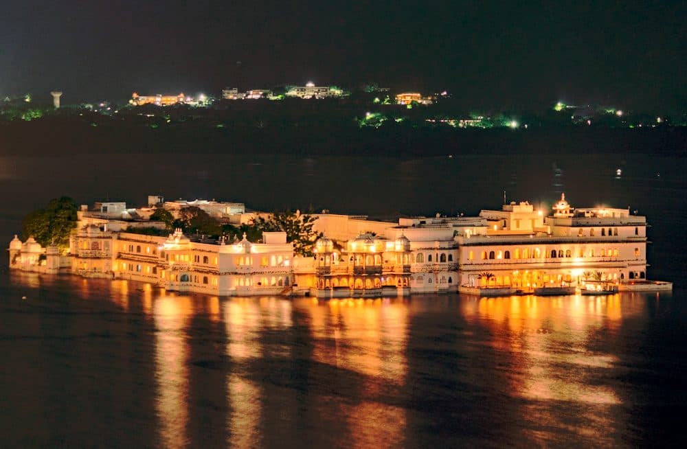 The Lake Palace lit up after dark